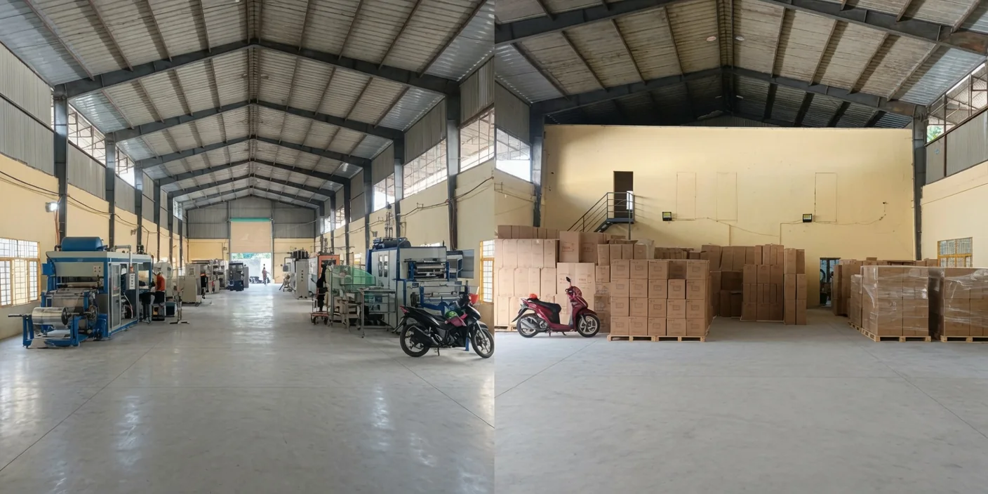 Inside EverPack Solutions' partner factory — production line on the left, finished packaging stock on the right
